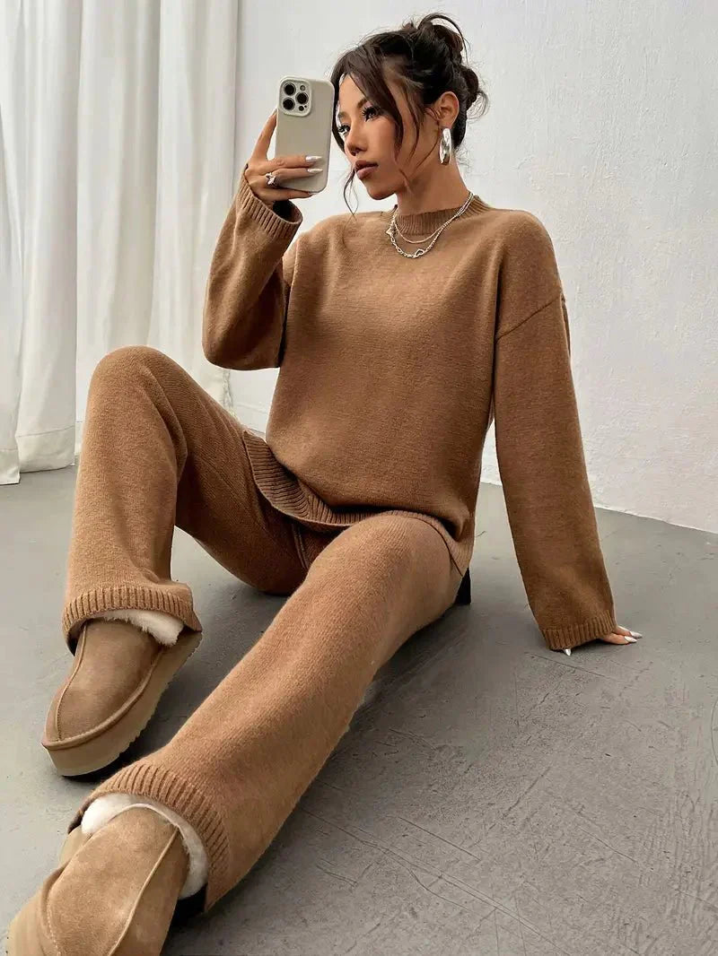 Women's Cozy Brushed Knit Crew Neck Sweater Pants Set