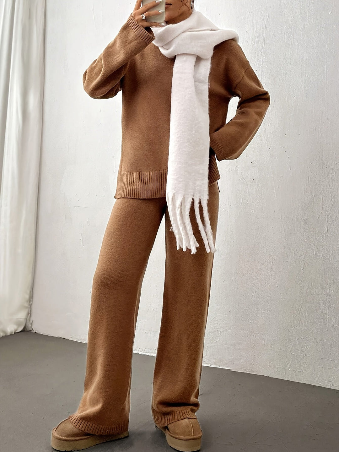 Women's Cozy Brushed Knit Crew Neck Sweater Pants Set