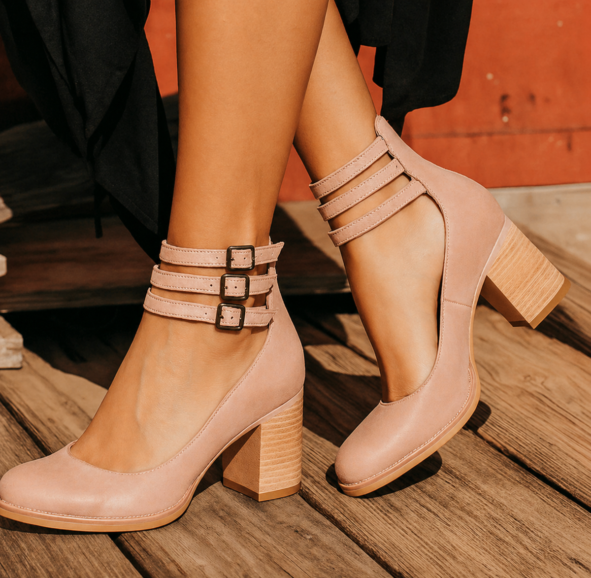 Women's Ankle Strap Block Heel Leather-Look Boots