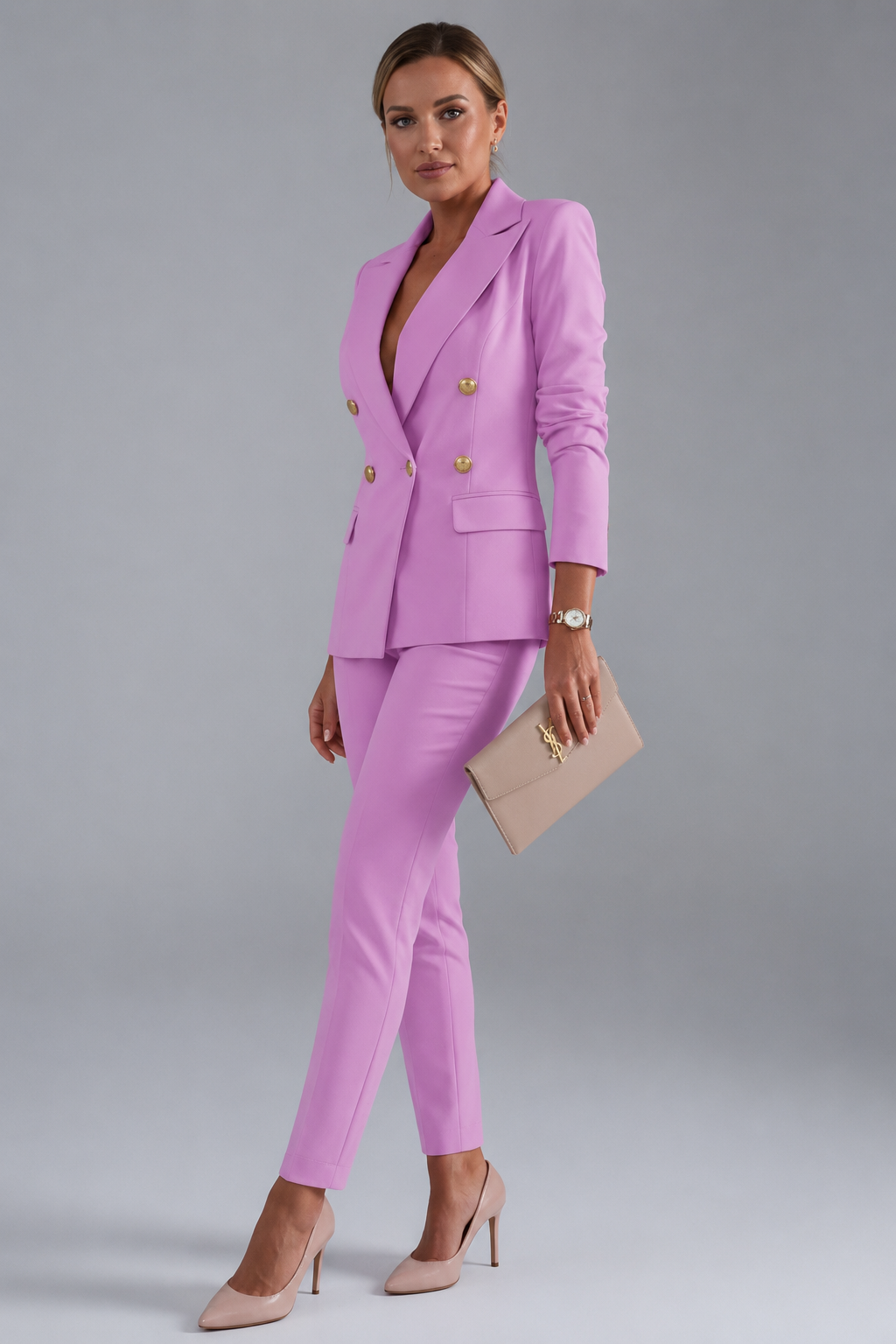 Women's Tailored Double-Breasted Metallic Button Suit Set