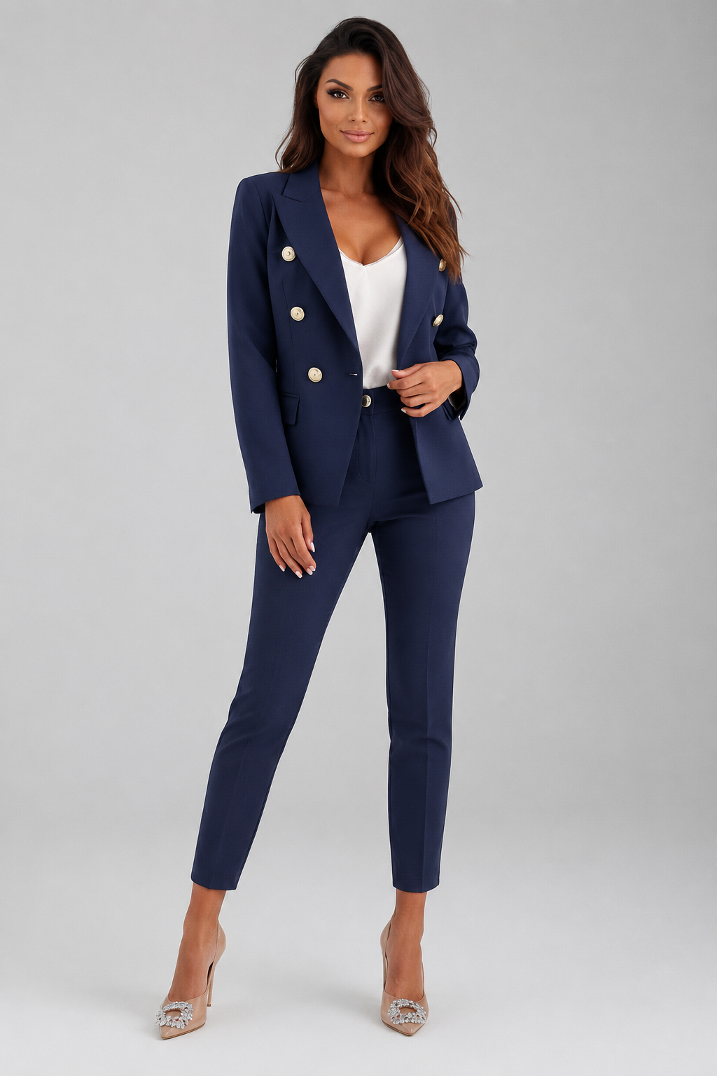 Women's Tailored Double-Breasted Metallic Button Suit Set