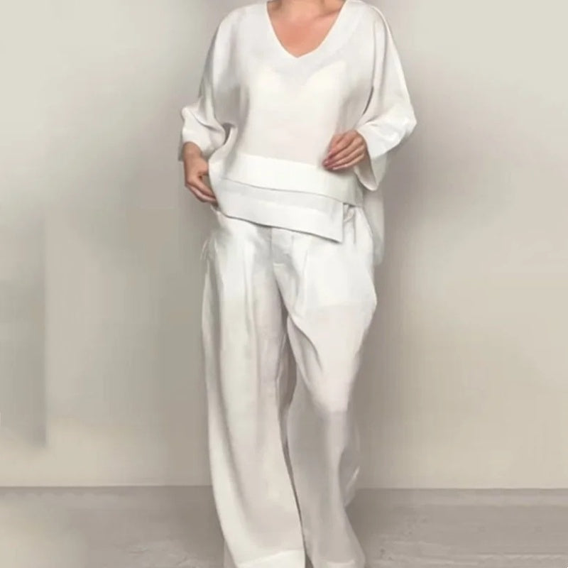 Women's Layered V-Neck Top Flowing Wide Leg Pants Set