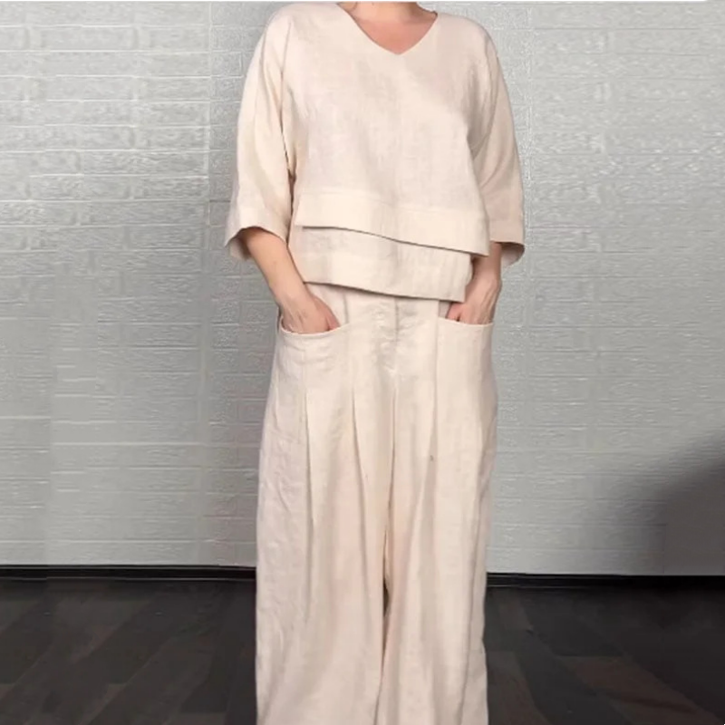 Women's Layered V-Neck Top Flowing Wide Leg Pants Set