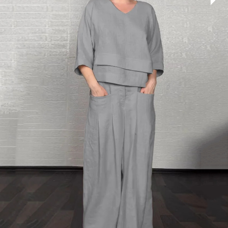 Women's Layered V-Neck Top Flowing Wide Leg Pants Set