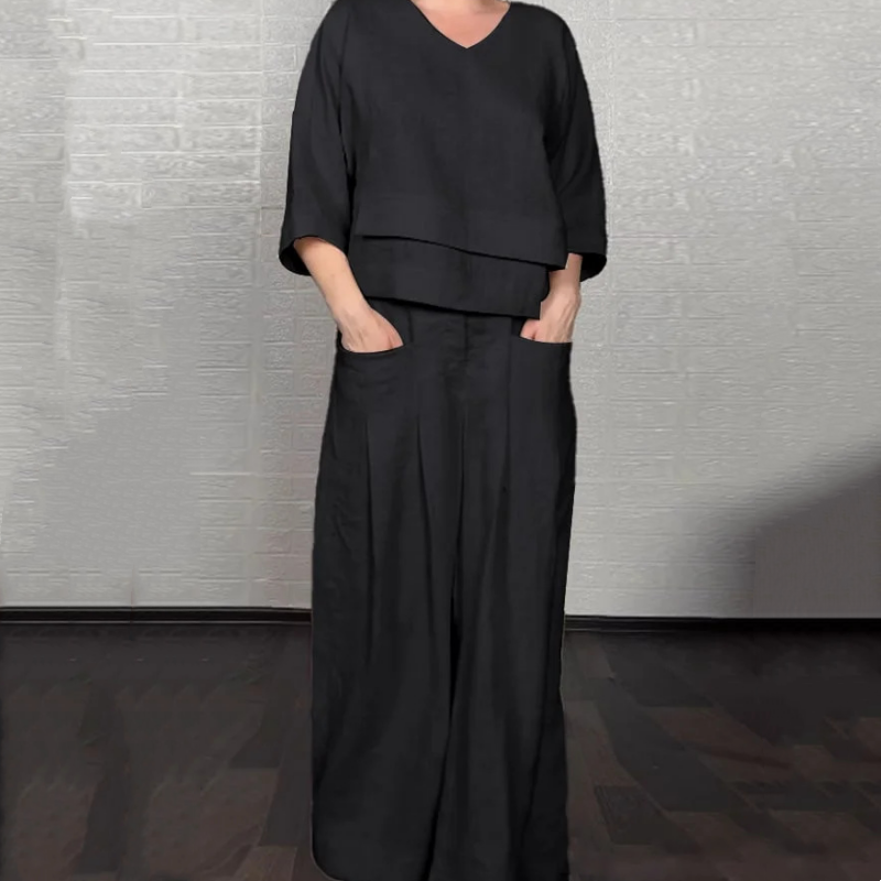 Women's Layered V-Neck Top Flowing Wide Leg Pants Set