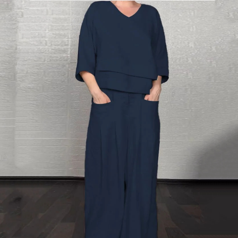 Women's Layered V-Neck Top Flowing Wide Leg Pants Set