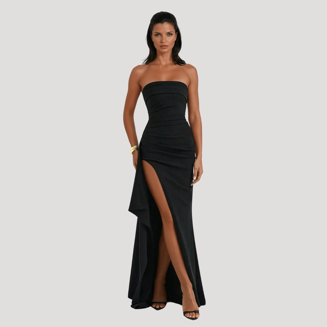 Women's Ruched Bandeau Strapless Formal Maxi Dress