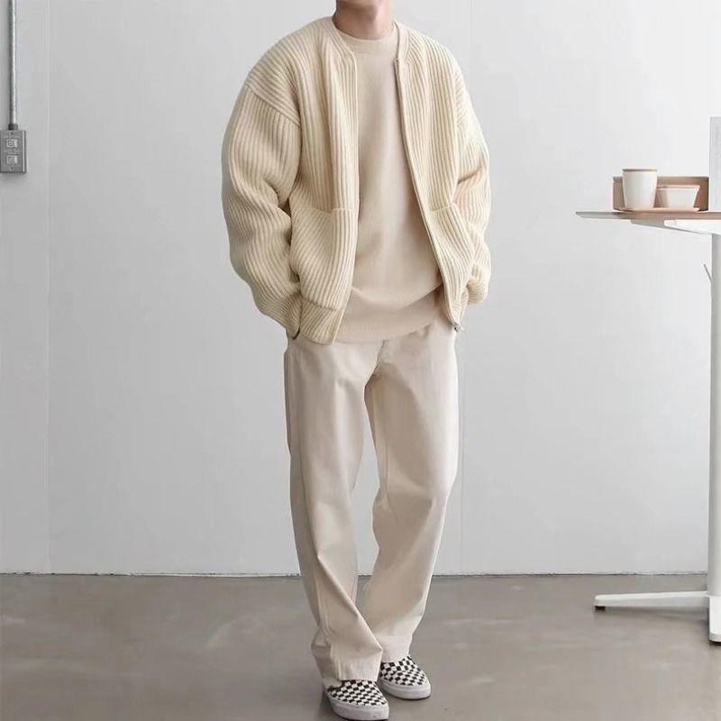 Men's Soft Knit Zip-Front Collarless Cardigan Jacket