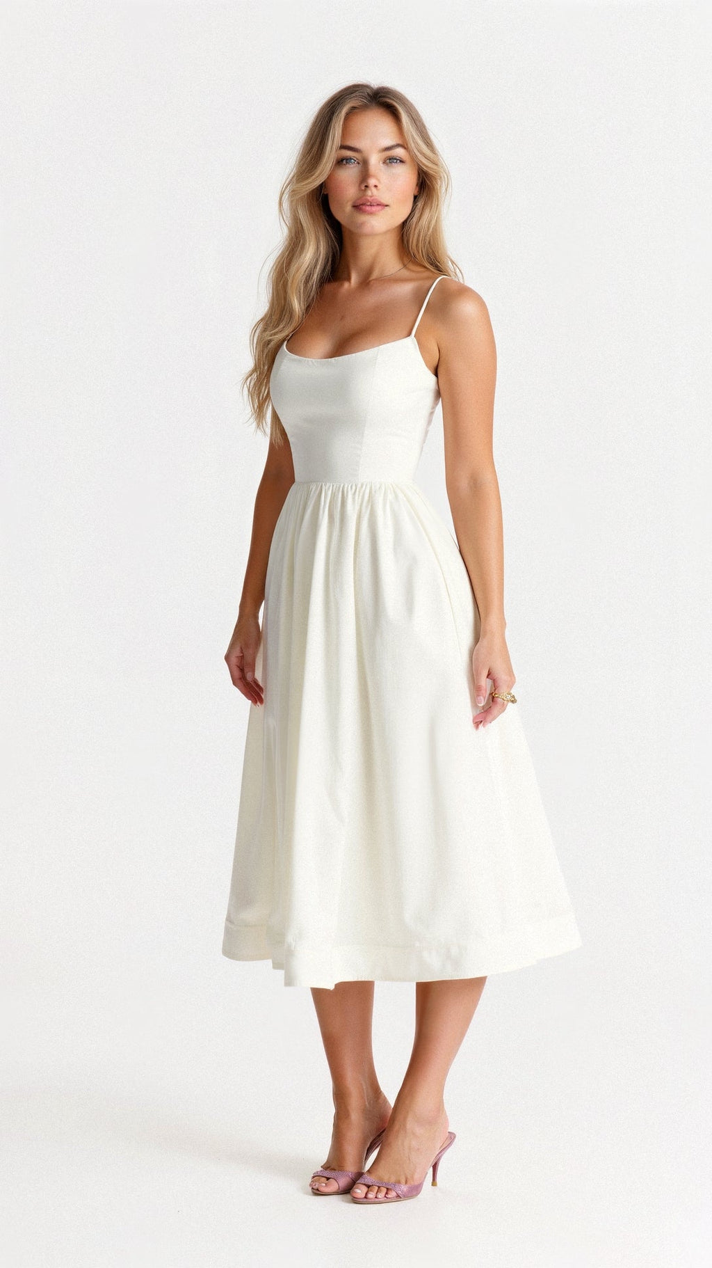Women's Spaghetti Strap Wedding Guest Midi Dress with Pockets