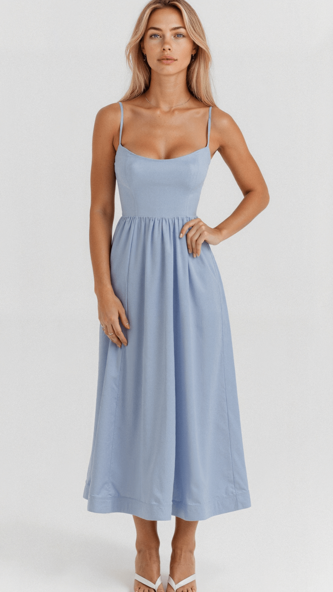 Women's Spaghetti Strap Wedding Guest Midi Dress with Pockets