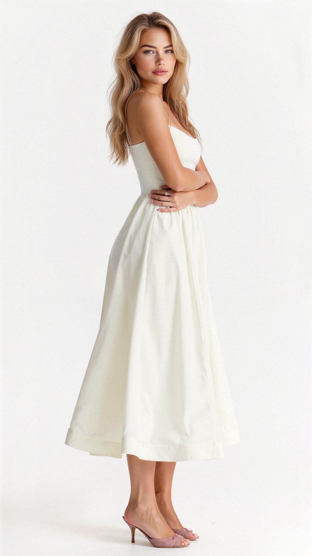 Women's Spaghetti Strap Wedding Guest Midi Dress with Pockets