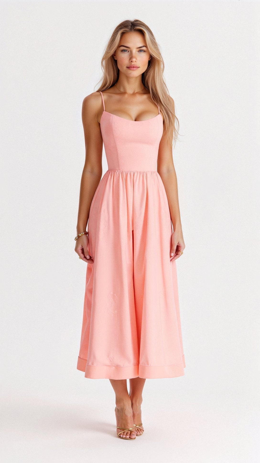Women's Spaghetti Strap Wedding Guest Midi Dress with Pockets