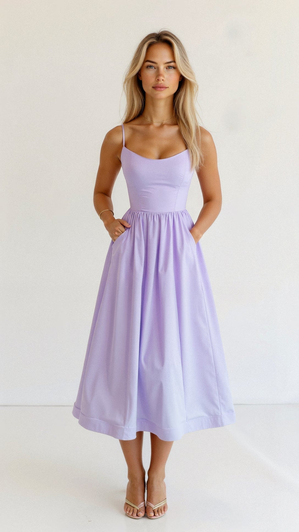 Women's Spaghetti Strap Wedding Guest Midi Dress with Pockets