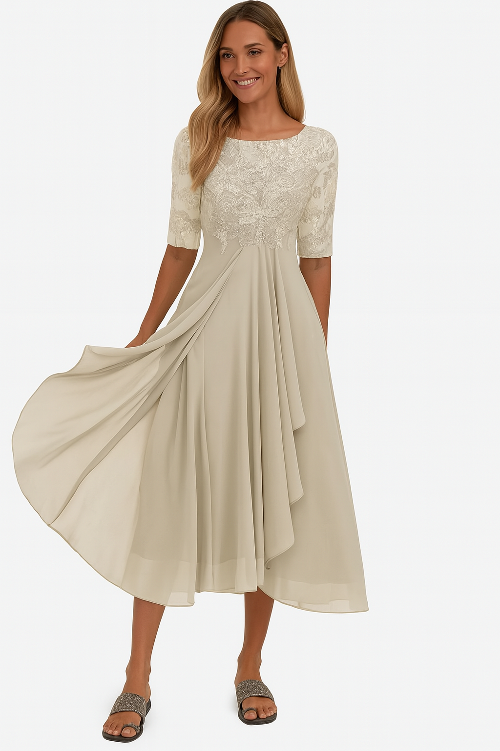 Women's Lace Bodice Chiffon Skirt Wedding Guest Midi Dress