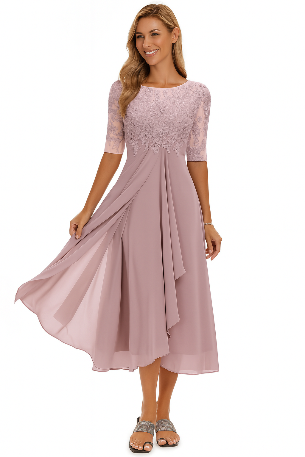 Women's Lace Bodice Chiffon Skirt Wedding Guest Midi Dress