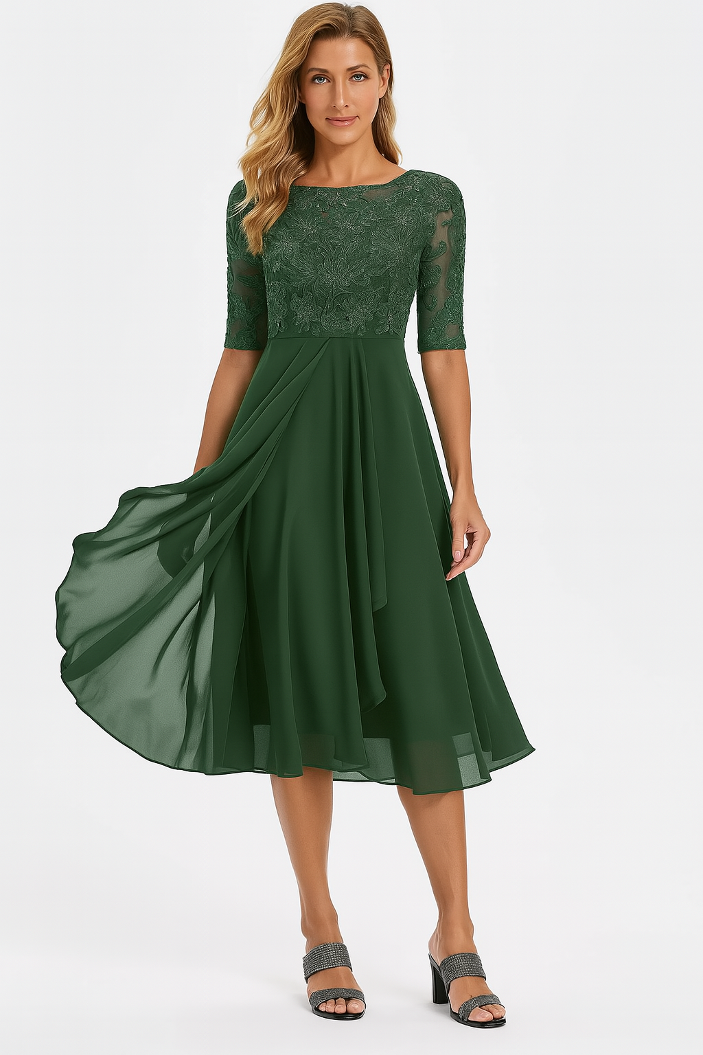 Women's Lace Bodice Chiffon Skirt Wedding Guest Midi Dress