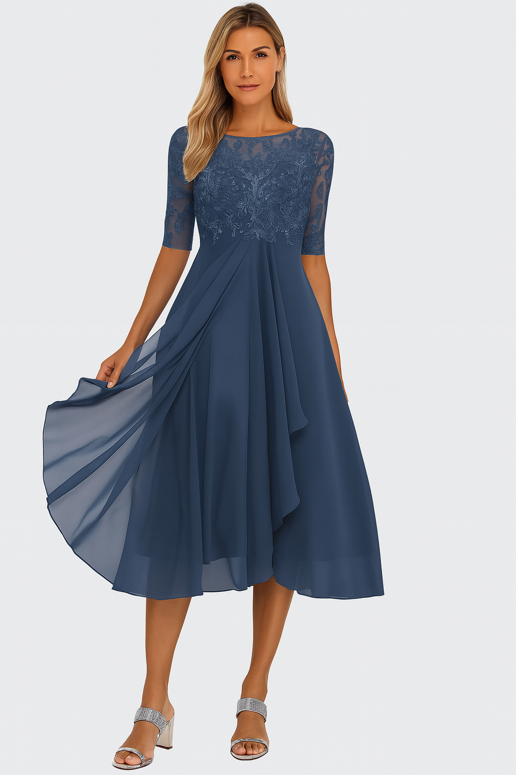 Women's Lace Bodice Chiffon Skirt Wedding Guest Midi Dress