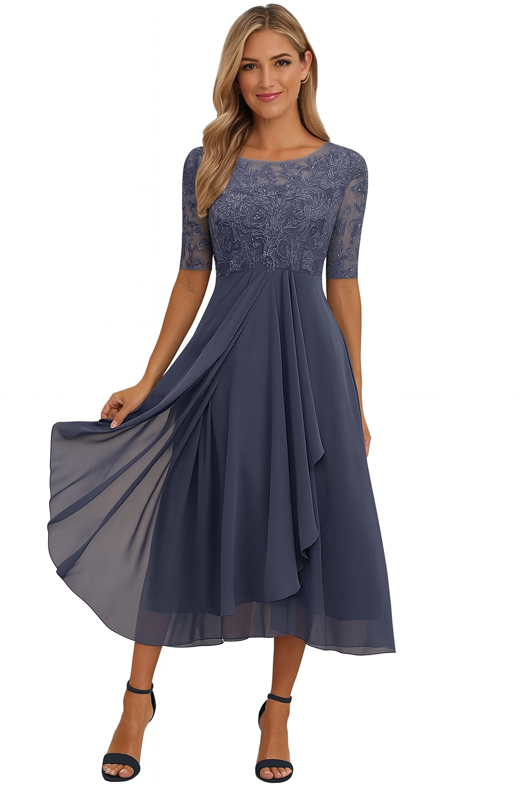 Women's Lace Bodice Chiffon Skirt Wedding Guest Midi Dress