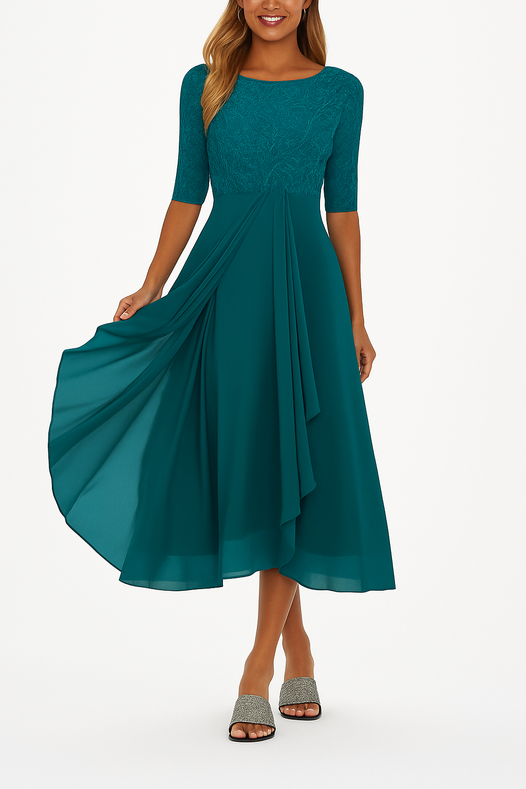 Women's Lace Bodice Chiffon Skirt Wedding Guest Midi Dress