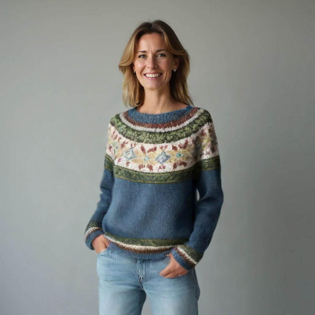 Women's Ribbed Knit Pullover with Crew Neck and Stripes