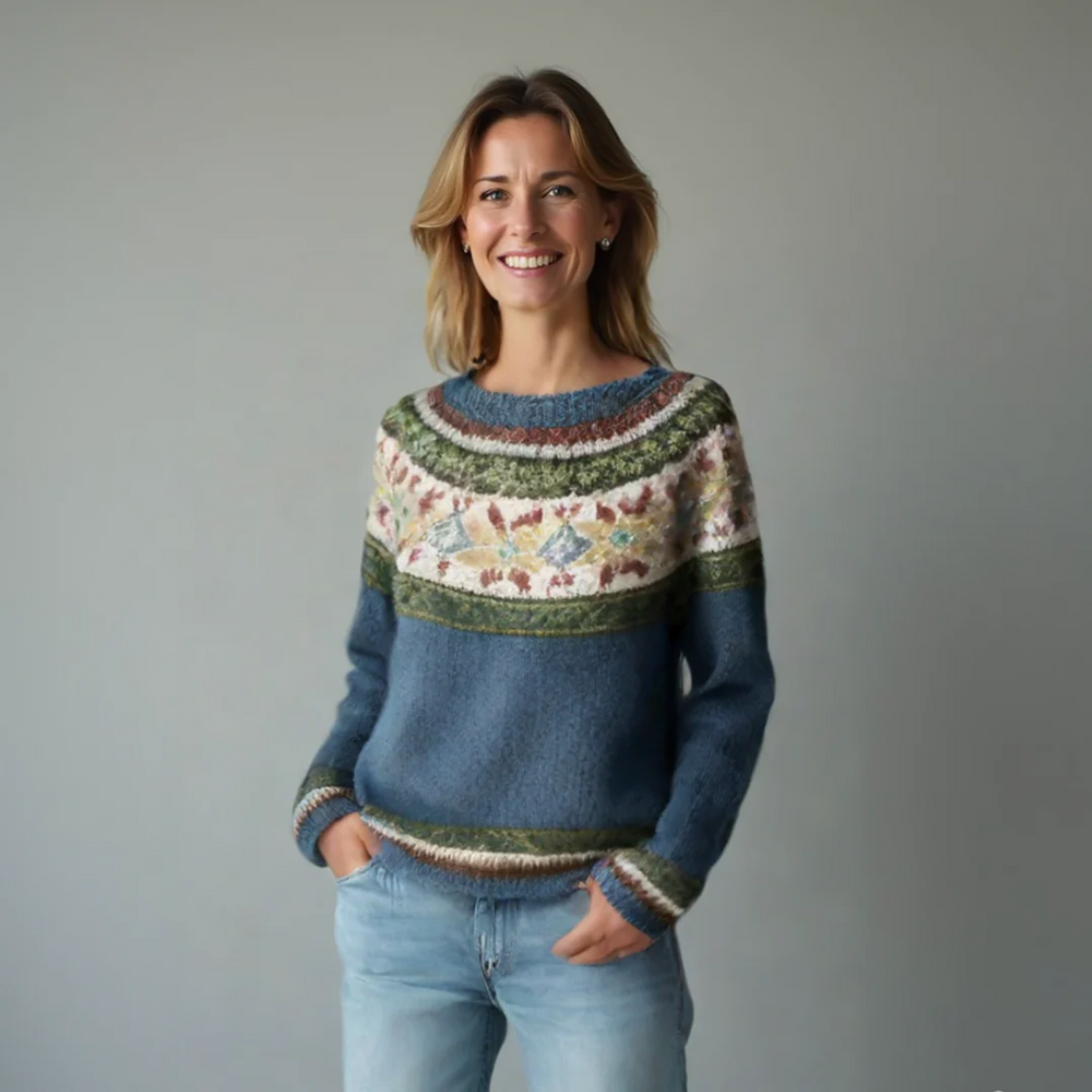 Women's Ribbed Knit Pullover with Crew Neck and Stripes