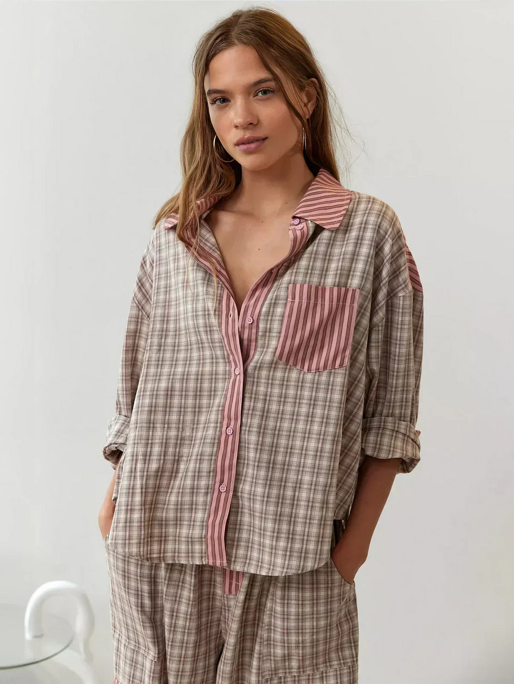 Women's Pajama-Inspired Oversized Button-Down Shirt Pants Lounge Set