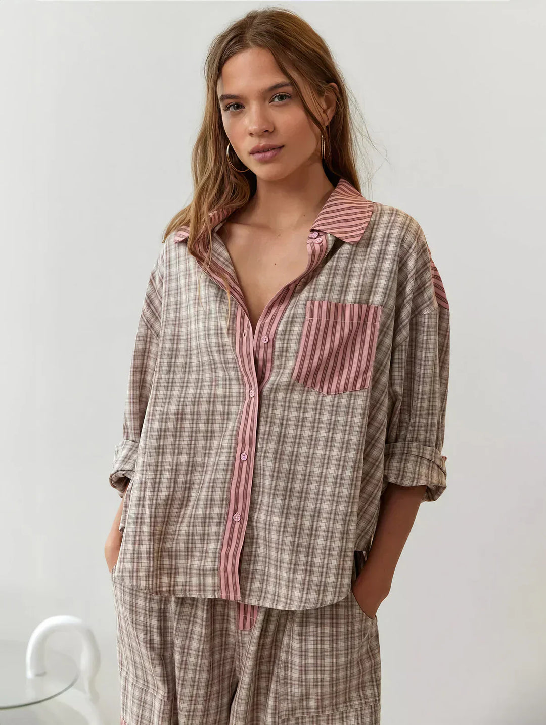 Women's Pajama-Inspired Oversized Button-Down Shirt Pants Lounge Set