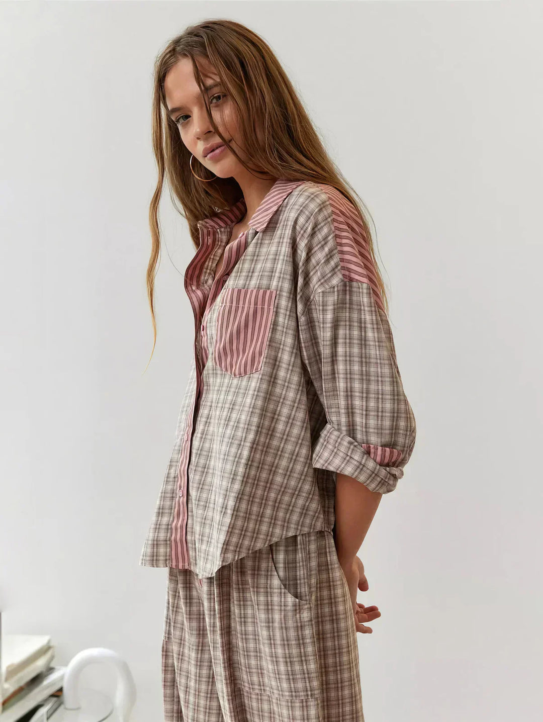 Women's Pajama-Inspired Oversized Button-Down Shirt Pants Lounge Set