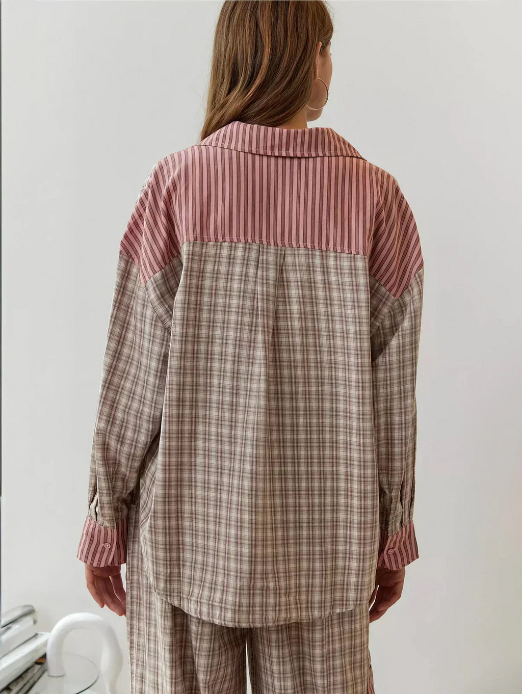 Women's Pajama-Inspired Oversized Button-Down Shirt Pants Lounge Set