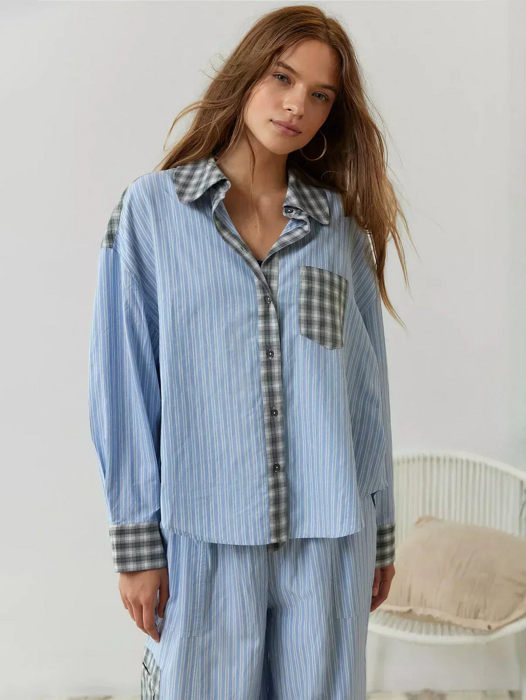 Women's Pajama-Inspired Oversized Button-Down Shirt Pants Lounge Set