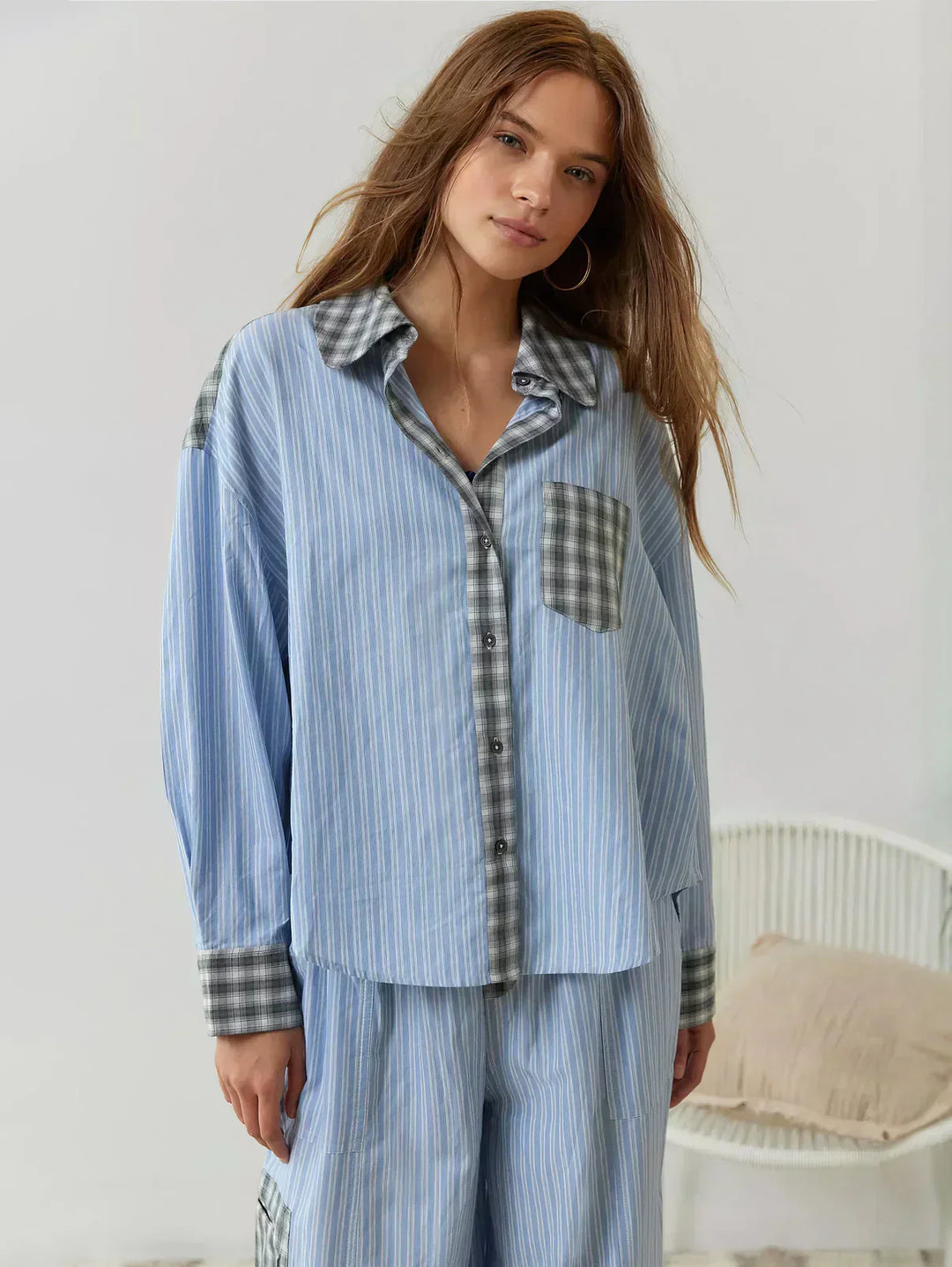 Women's Pajama-Inspired Oversized Button-Down Shirt Pants Lounge Set