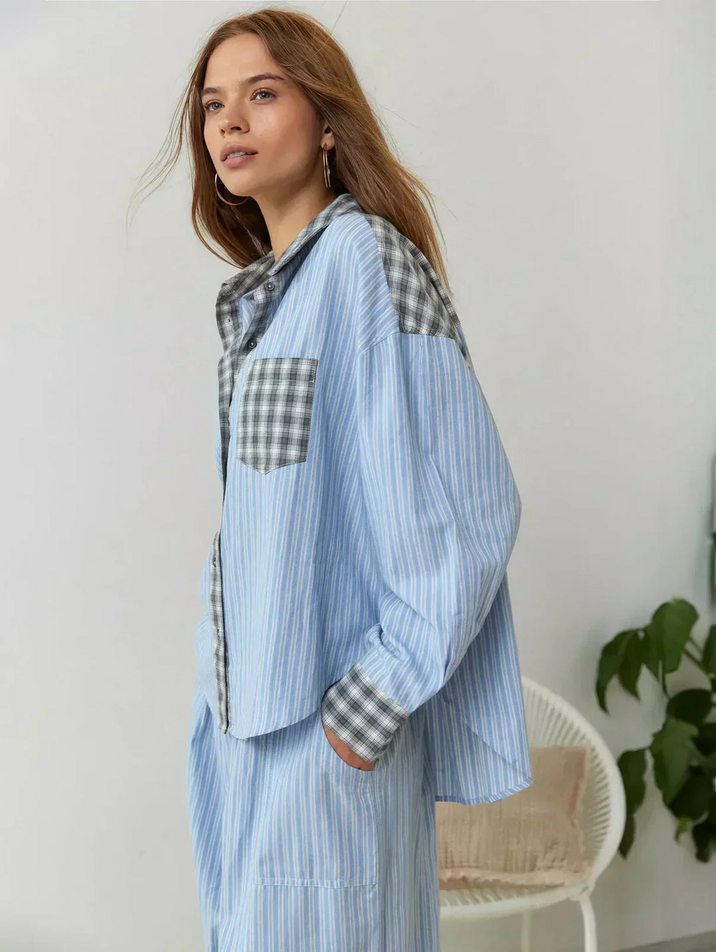 Women's Pajama-Inspired Oversized Button-Down Shirt Pants Lounge Set