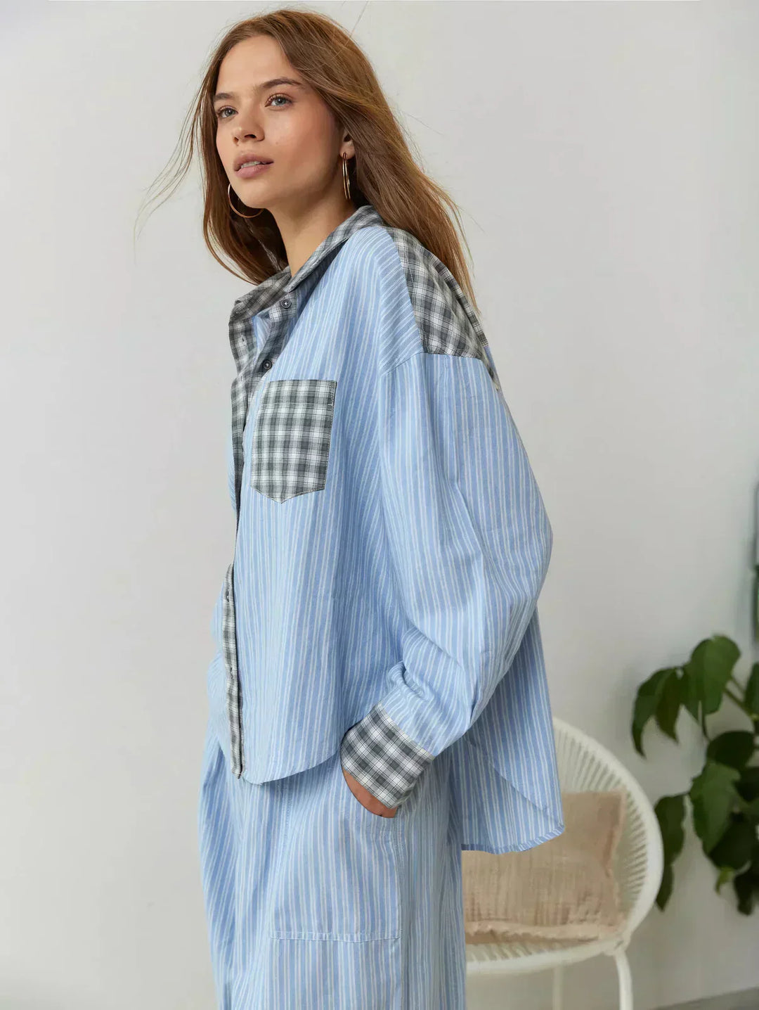 Women's Pajama-Inspired Oversized Button-Down Shirt Pants Lounge Set