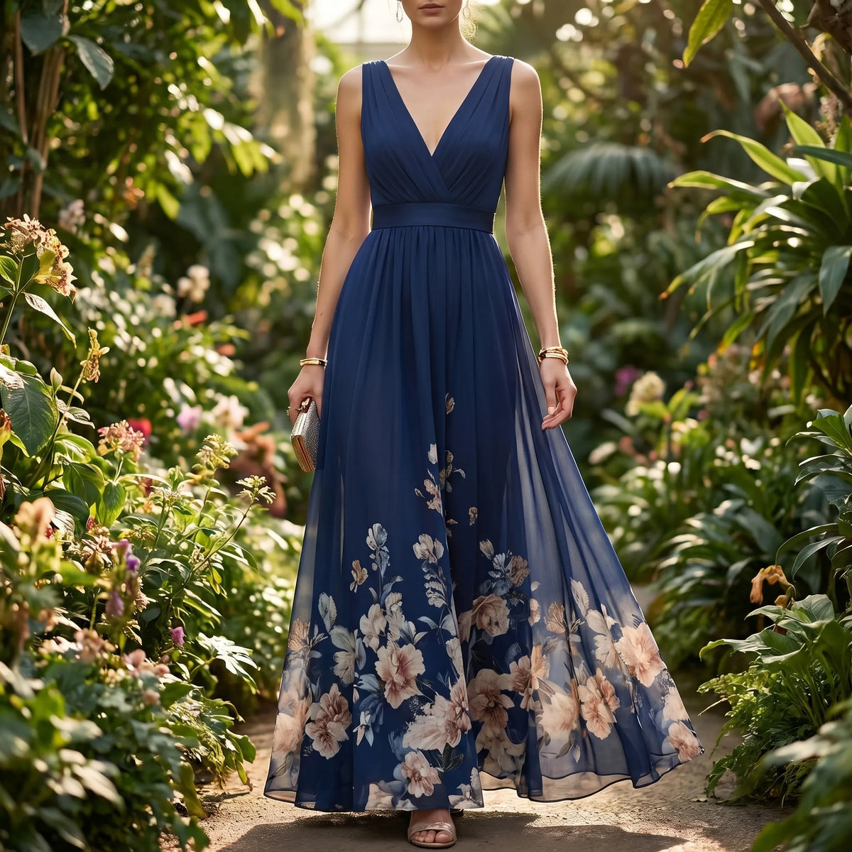 Women's Deep V Floral Occasion Maxi Dress