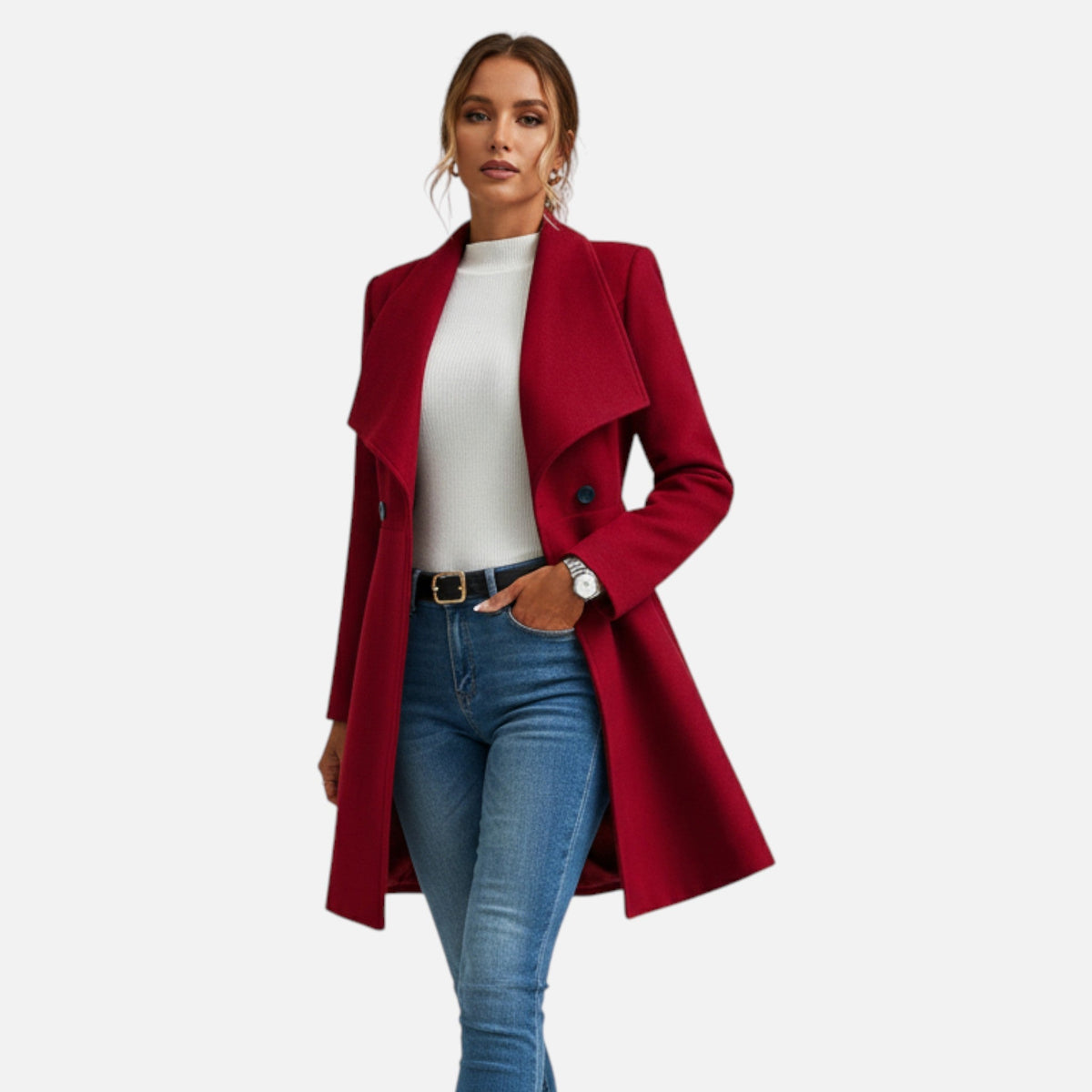 Women's Button-Front Wool Blend Lapel Winter Overcoat