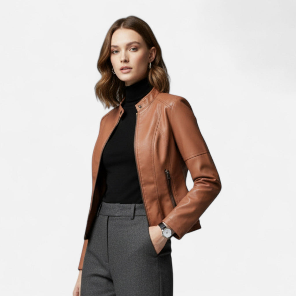 Women's Zip-Front Cropped Genuine Leather Jacket