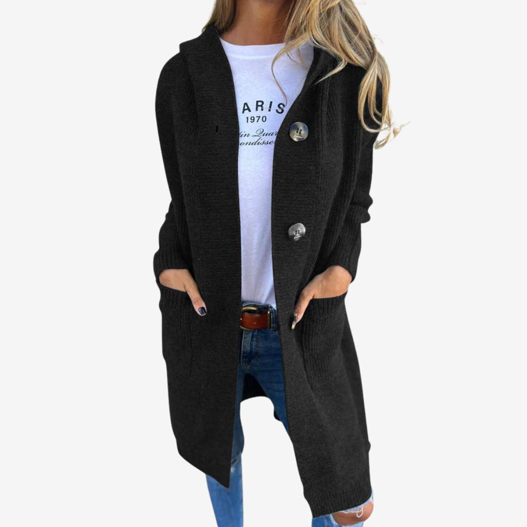 Women's Hooded Longline Patch Pocket Knit Sweater Cardigan