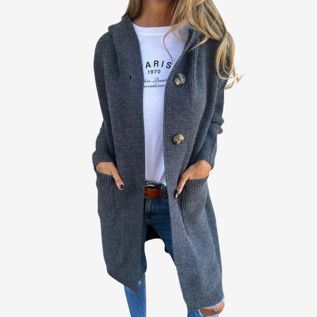 Women's Hooded Longline Patch Pocket Knit Sweater Cardigan
