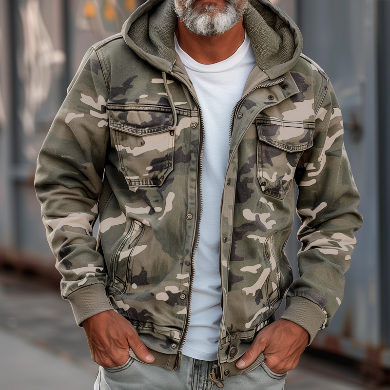 Men's Multi-Pocket Cargo Coat with Detachable Hood