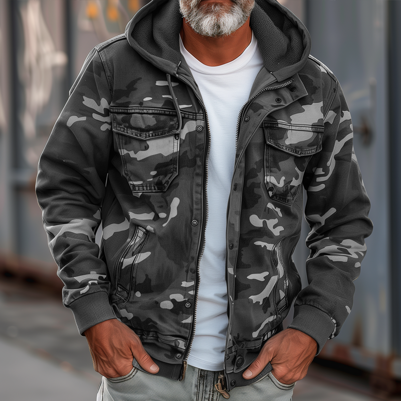 Men's Multi-Pocket Cargo Coat with Detachable Hood
