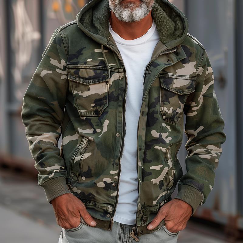 Men's Multi-Pocket Cargo Coat with Detachable Hood