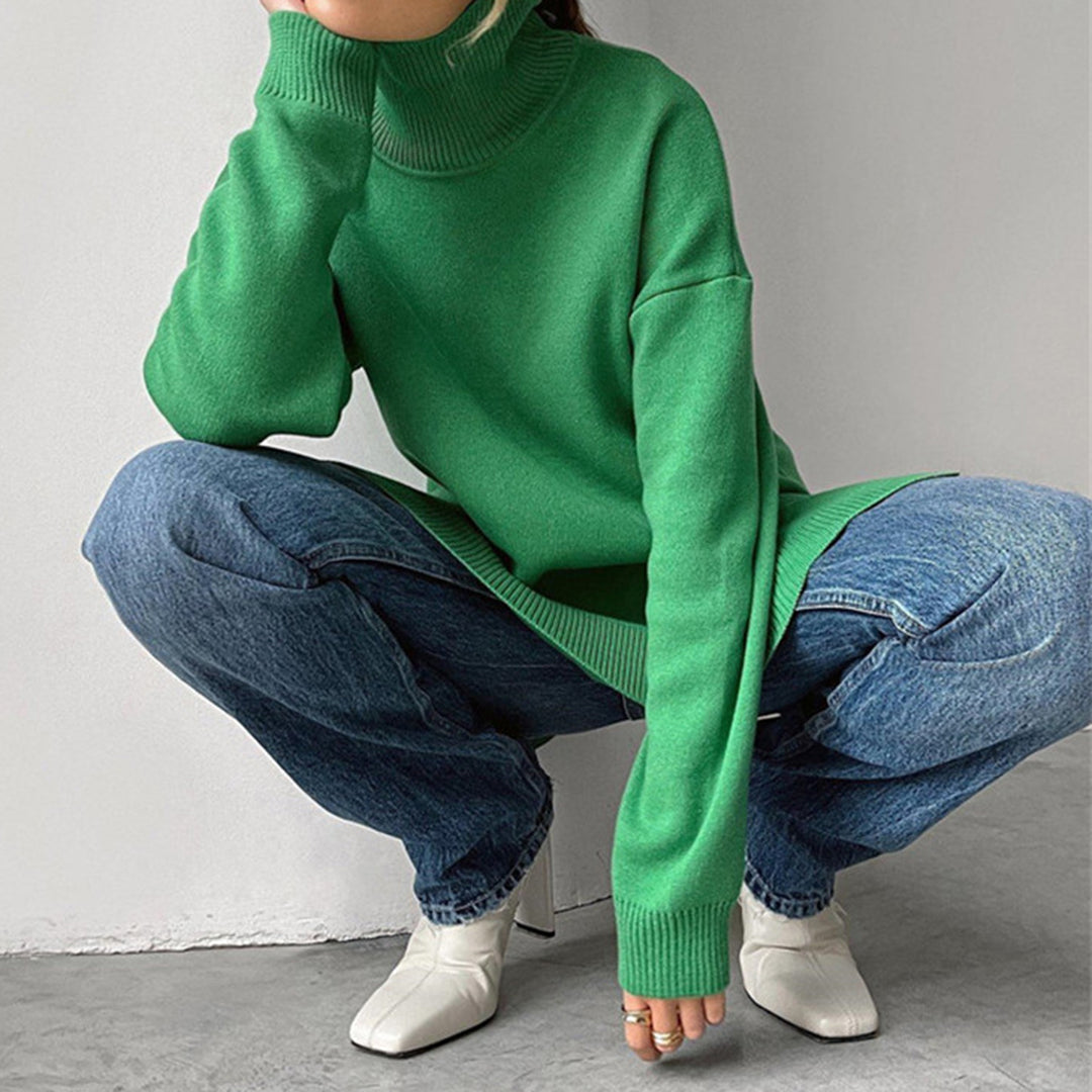 Women's Turtleneck Knit Pullover with Side Slits