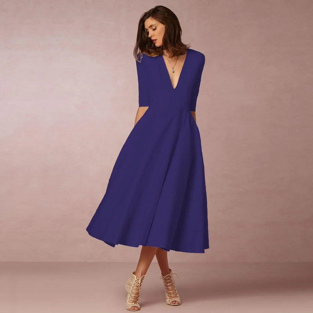 Women's Flowing Deep V-Neck Summer Wedding Midi Dress