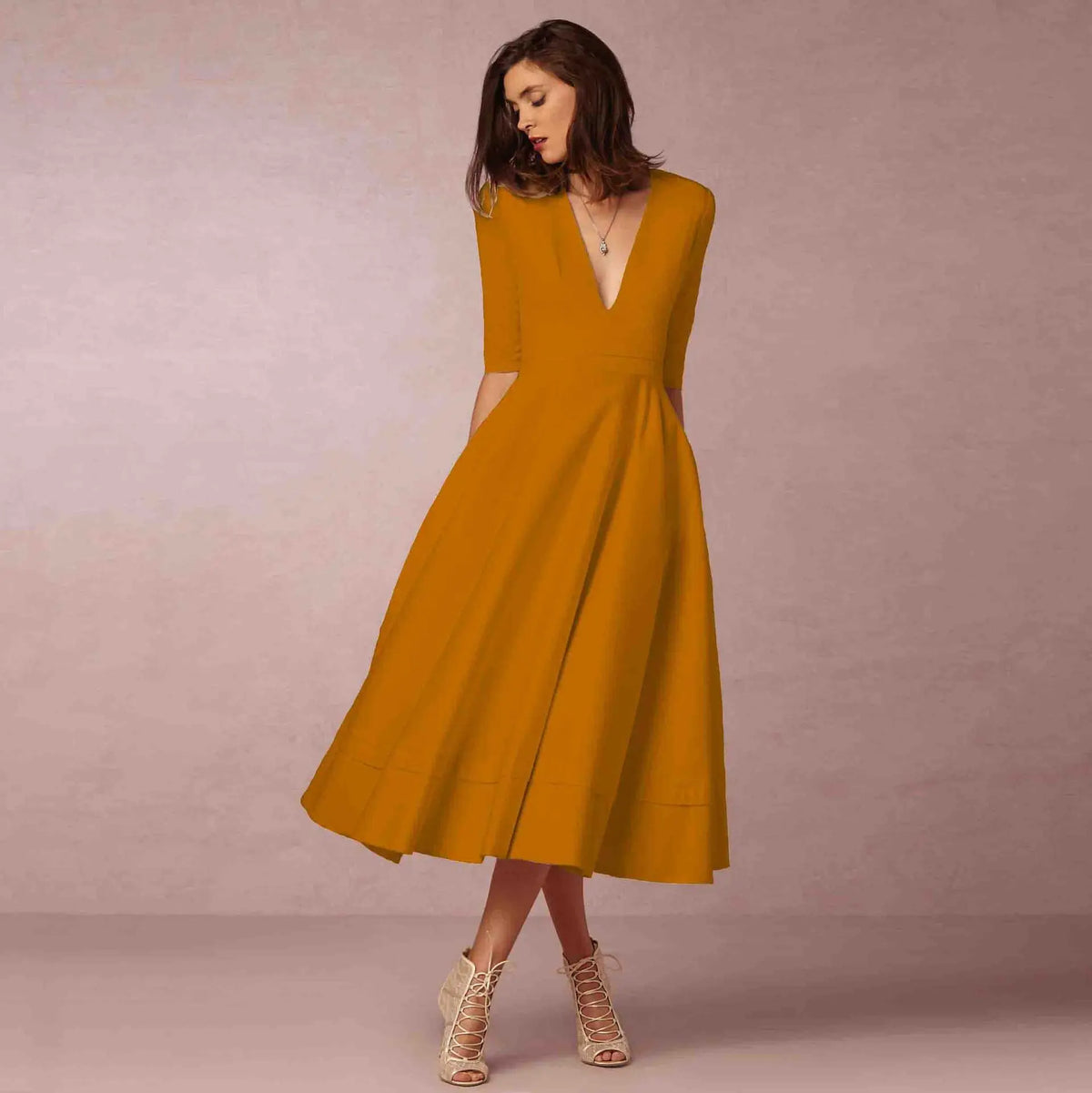 Women's Flowing Deep V-Neck Summer Wedding Midi Dress