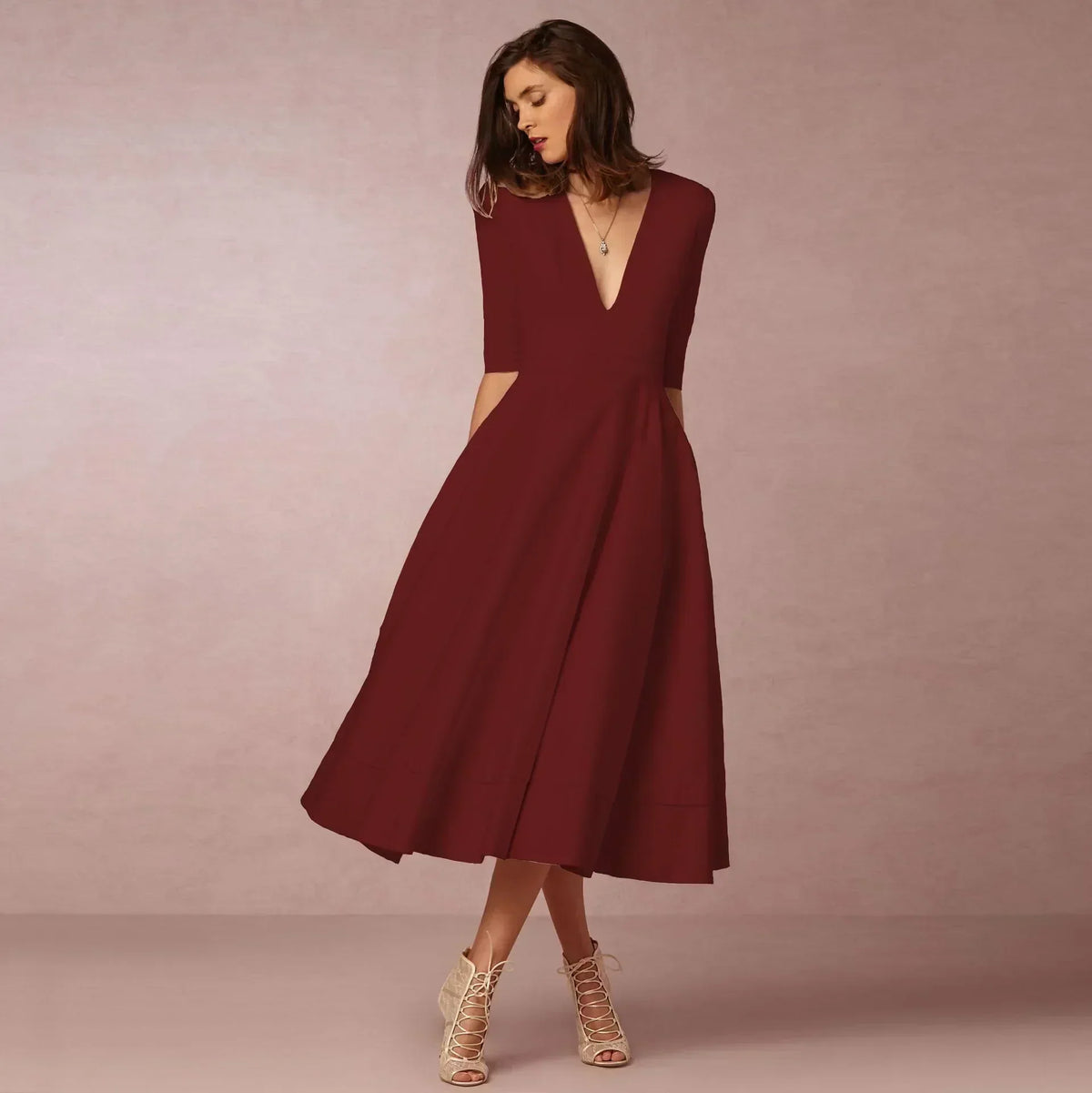 Women's Flowing Deep V-Neck Summer Wedding Midi Dress