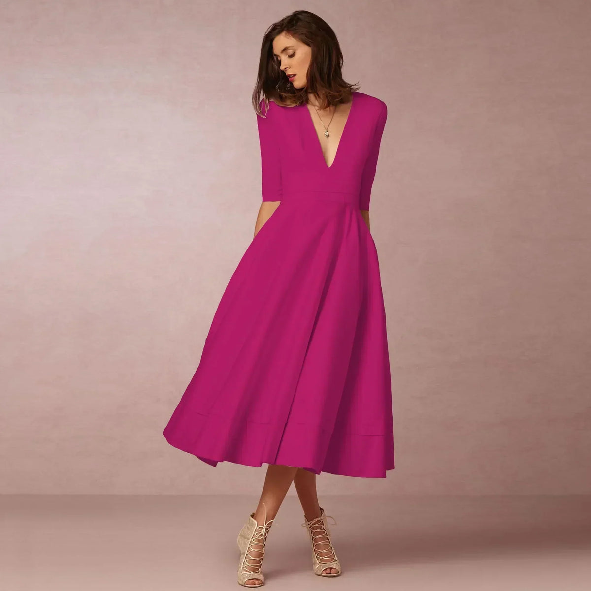 Women's Flowing Deep V-Neck Summer Wedding Midi Dress