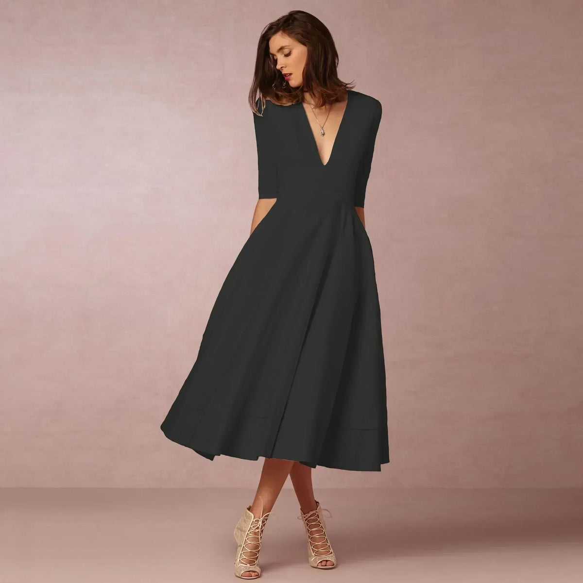 Women's Flowing Deep V-Neck Summer Wedding Midi Dress