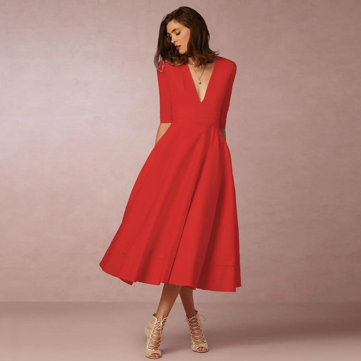Women's Flowing Deep V-Neck Summer Wedding Midi Dress