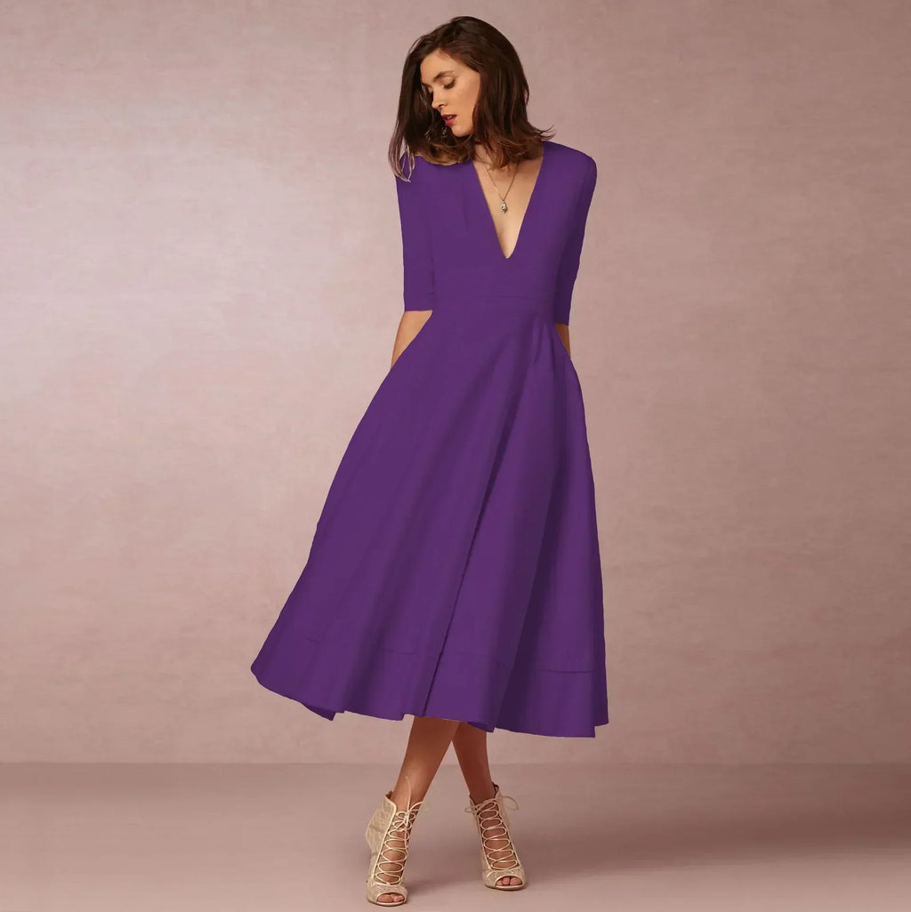 Women's Flowing Deep V-Neck Summer Wedding Midi Dress