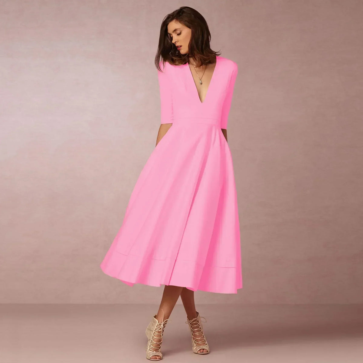 Women's Flowing Deep V-Neck Summer Wedding Midi Dress